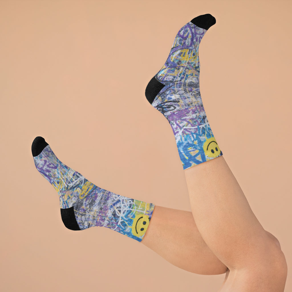 Graffiti Smiley Socks, Blue